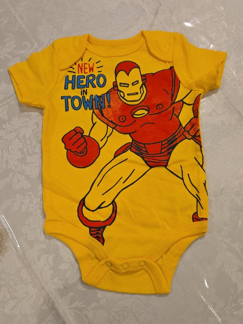 Marvel Iron-man Yellow Baby Onesie with Red Superhero Face